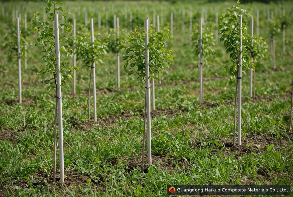Tutores de fibra de vidrio sosteniendo árboles jóvenes