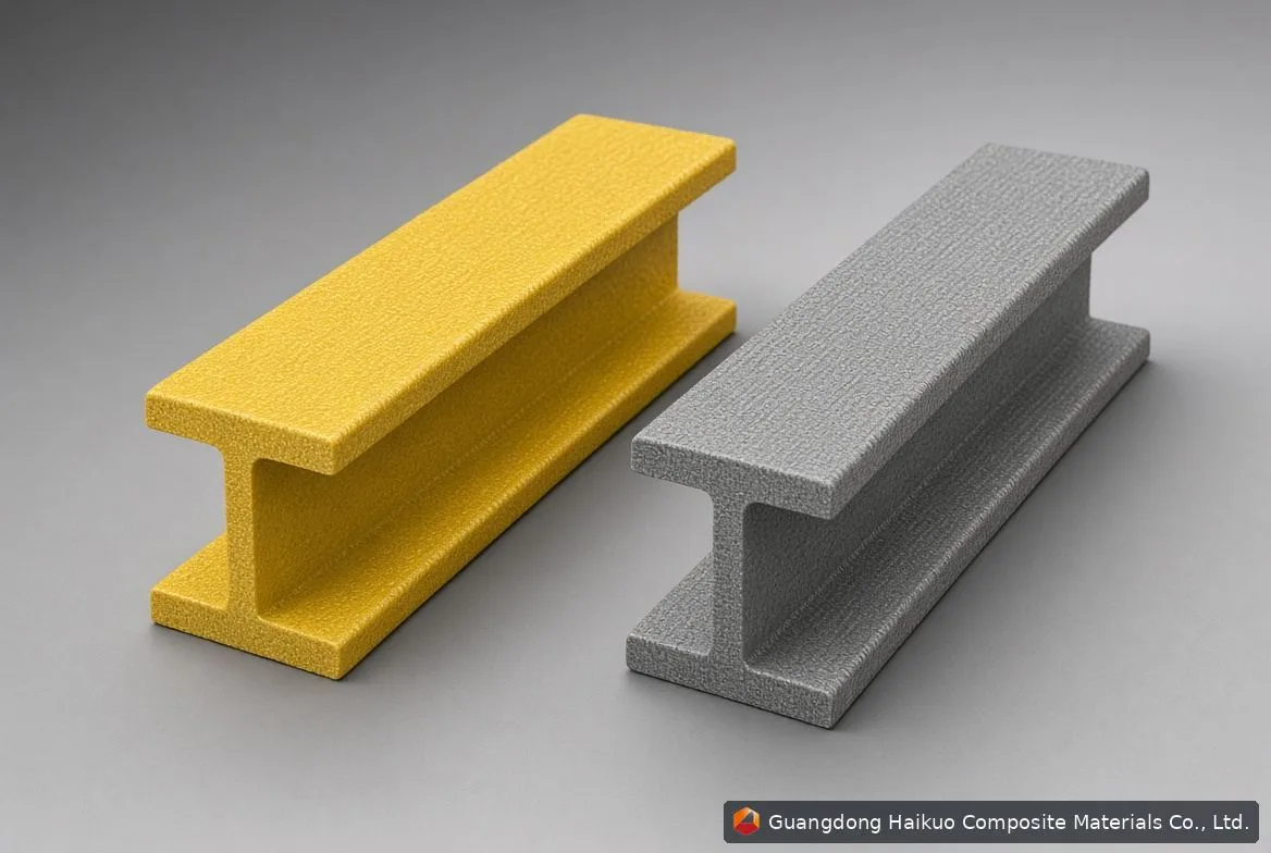 Perfil estructural pultruido de PRFV en I, amarillo y gris